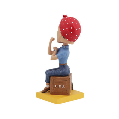 Rosie the Riveter bobblehead featuring a detailed likeness of the iconic figure, standing 7 inches tall with her signature bandana and blue work outfit.