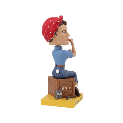 Rosie the Riveter bobblehead featuring a detailed likeness of the iconic figure, standing 7 inches tall with her signature bandana and blue work outfit.