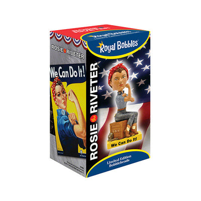 Rosie the Riveter bobblehead featuring a detailed likeness of the iconic figure, standing 7 inches tall with her signature bandana and blue work outfit.