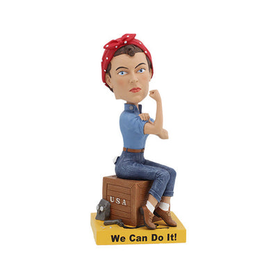 Rosie the Riveter bobblehead featuring a detailed likeness of the iconic figure, standing 7 inches tall with her signature bandana and blue work outfit.