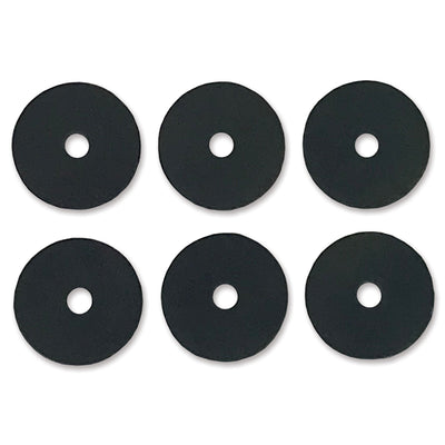 Set of six rubber stoppers for garden flags designed to keep flags secure on standard garden flag poles in an outdoor setting.