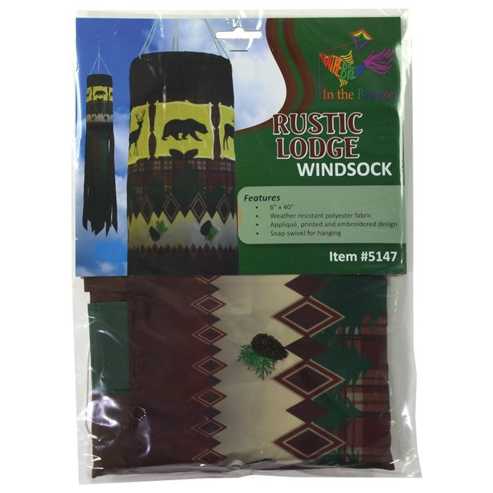Rustic Lodge 40-inch windsock featuring bear and deer designs, suspended outdoors with colorful tails fluttering in the wind.