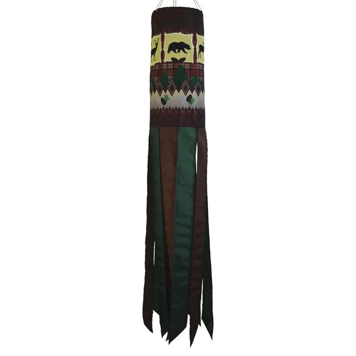 Rustic Lodge 40-inch windsock featuring bear and deer designs, suspended outdoors with colorful tails fluttering in the wind.