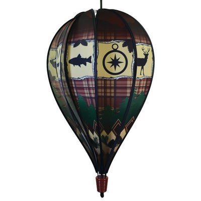 Rustic Lodge 10-Panel Hot Air Balloon Spinner displaying vibrant colors and a hunting lodge motif, gently spinning in a garden setting.