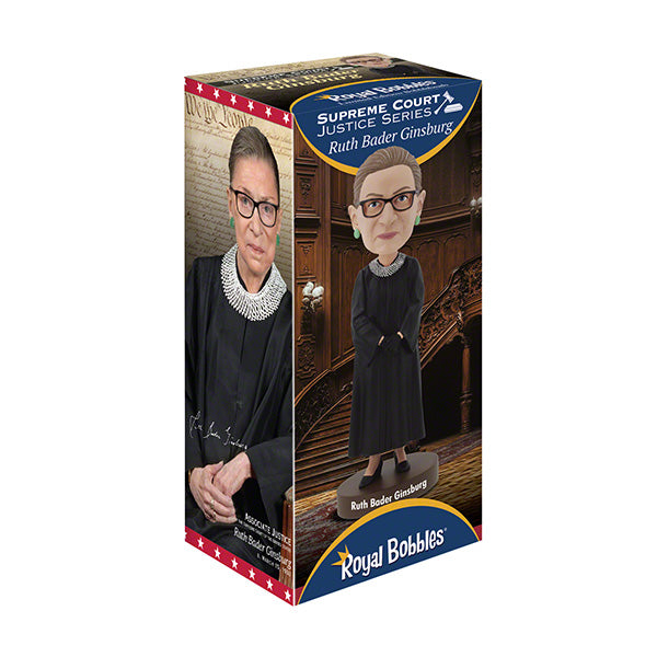 Ruth Bader Ginsburg bobblehead featuring her signature black robe, glasses, and earrings, displayed on a shelf as a tribute to her legacy.