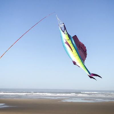 Sailfish 50 inch Fish Windsock hanging from a dock, showcasing vibrant colors and realistic design of sailfish in motion.