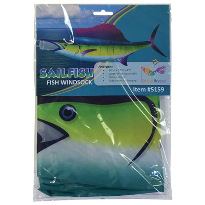 Sailfish 50 inch Fish Windsock hanging from a dock, showcasing vibrant colors and realistic design of sailfish in motion.