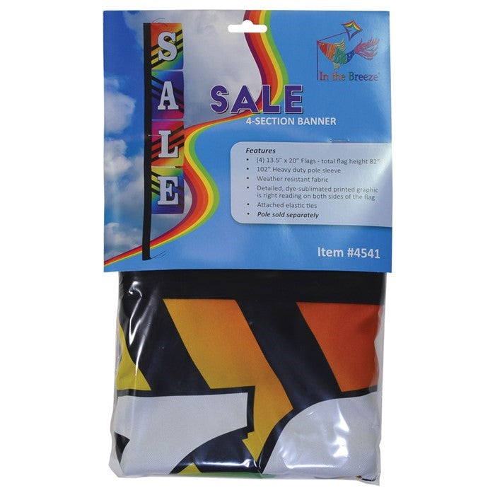 SALE Rainbow 4-Section Banner with vibrant colors, displayed outdoors, featuring eye-catching graphics designed to attract customers.