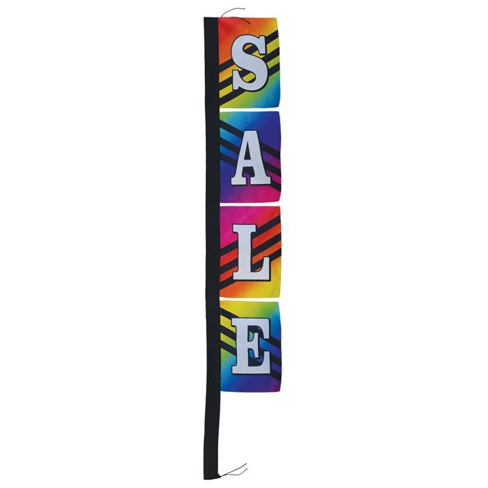 SALE Rainbow 4-Section Banner with vibrant colors, displayed outdoors, featuring eye-catching graphics designed to attract customers.