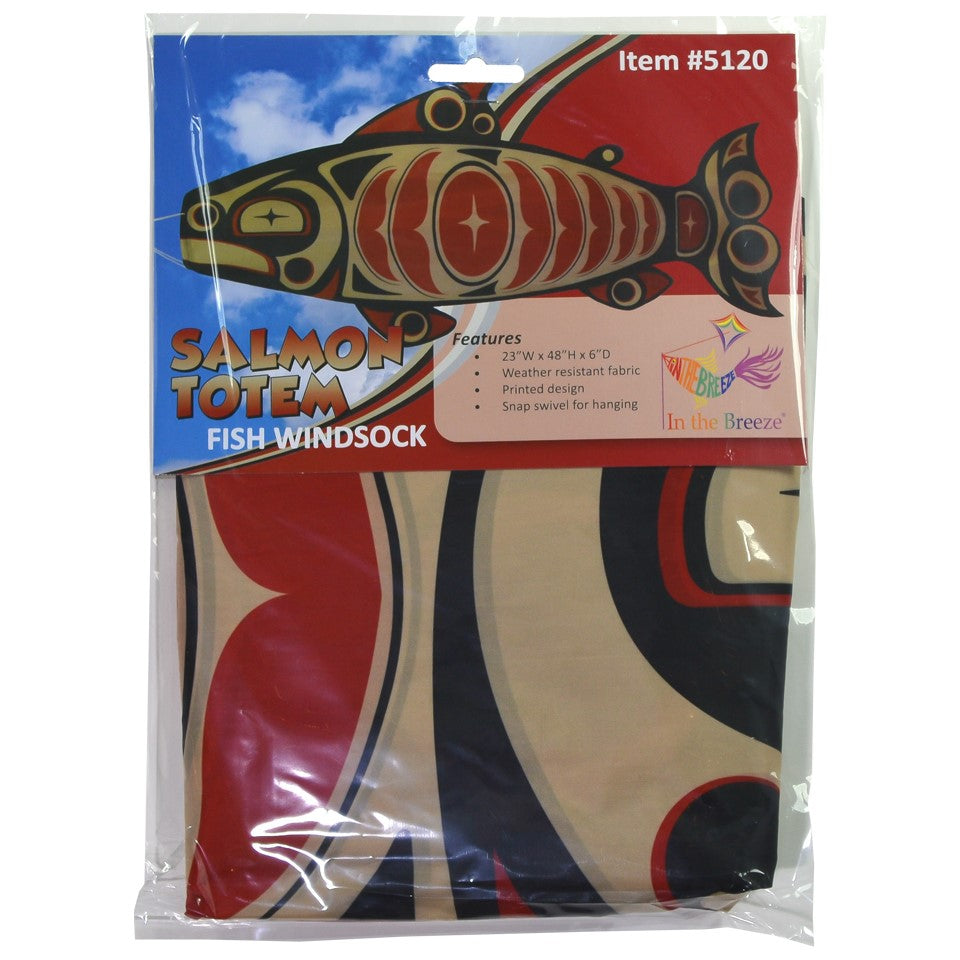 Salmon Totem 48' Fish Windsock featuring vibrant printed patterns hanging outdoors, gently fluttering in the breeze.