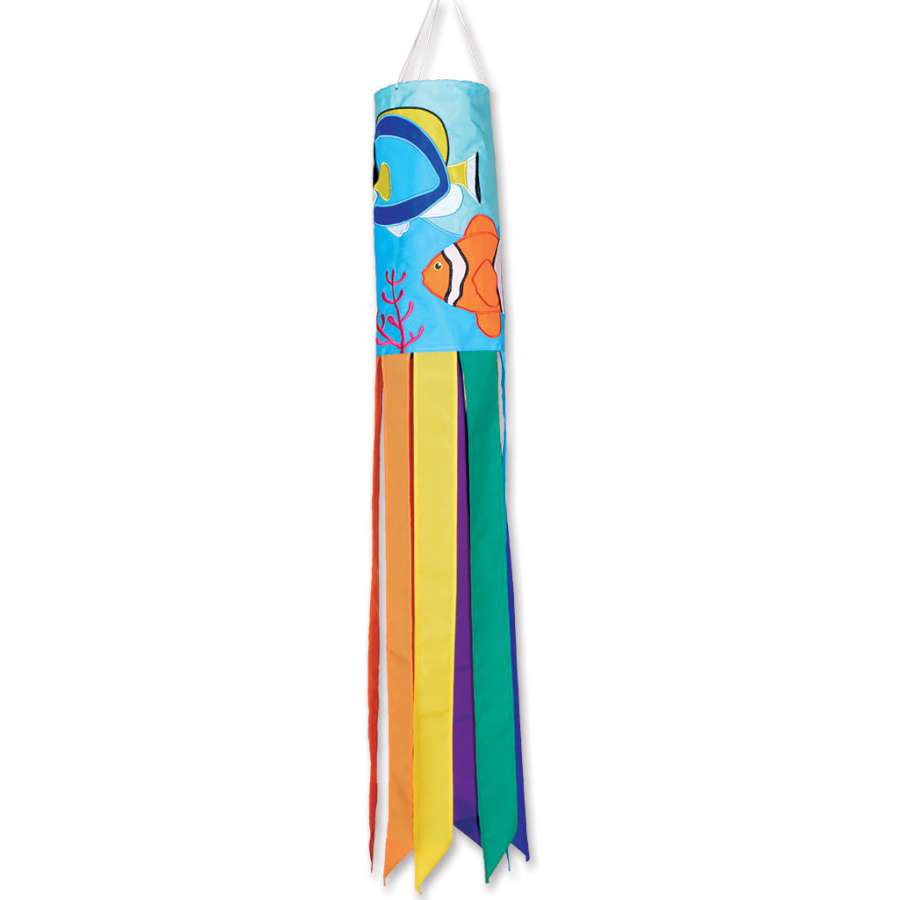 Colorful Saltwater Fish windsock, 6 feet long, elegantly blowing in the wind, showcasing various ocean fish designs in an outdoor setting.