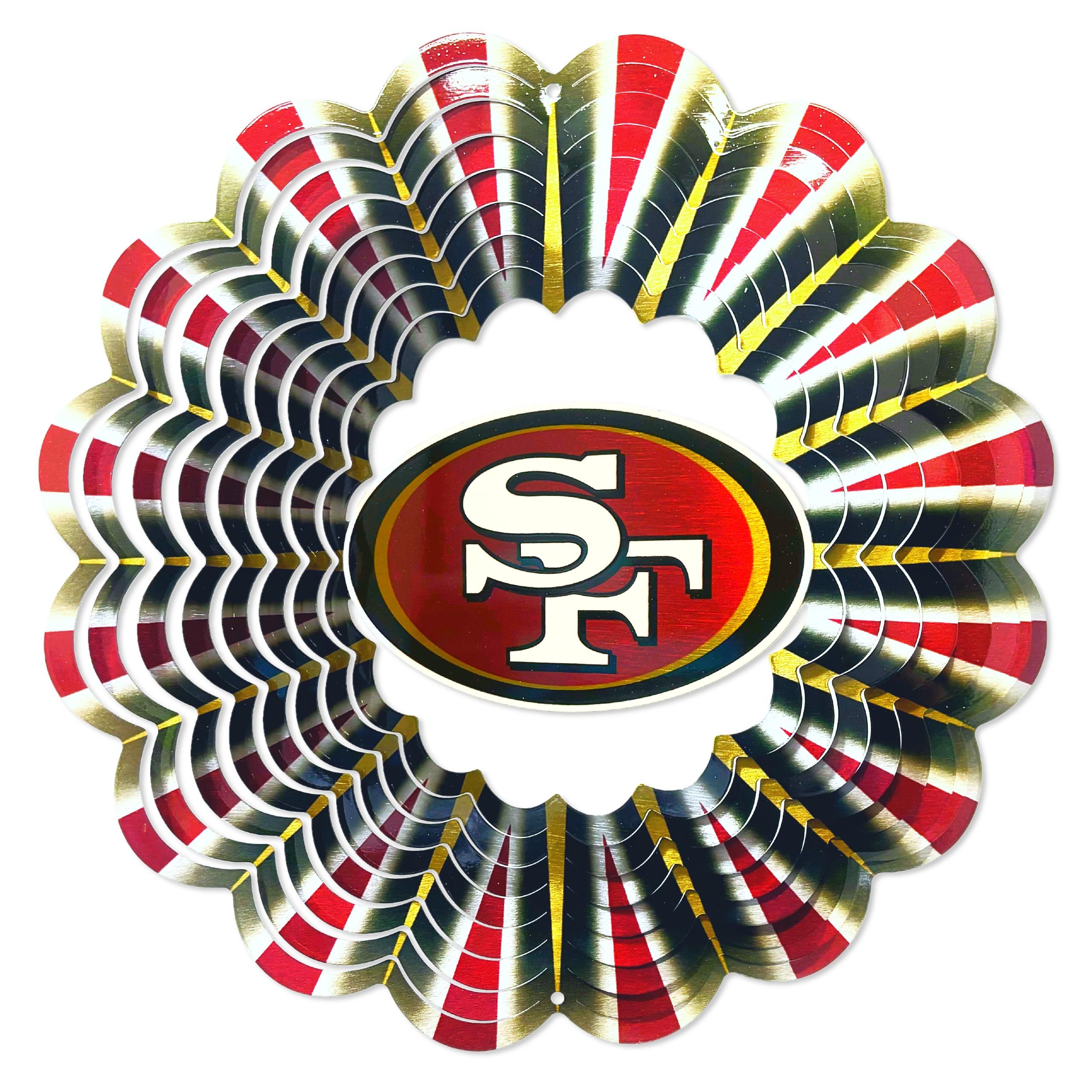 San Francisco 49ers wind spinner featuring bold team graphics, displayed in a garden setting under a bright sky, catching the wind beautifully.