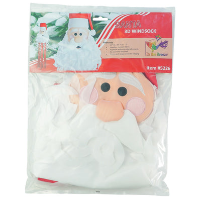 Santa 3D Windsock featuring a cheerful Santa face with curly beard and textured hat, hanging decoratively outdoors in a festive setting.