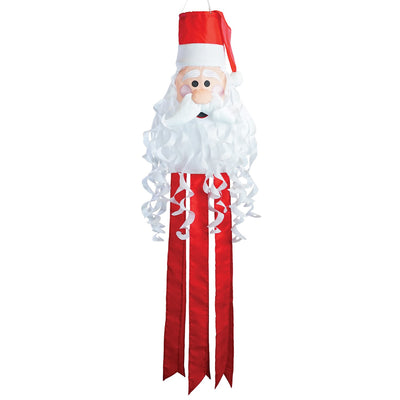 Santa 3D Windsock featuring a cheerful Santa face with curly beard and textured hat, hanging decoratively outdoors in a festive setting.
