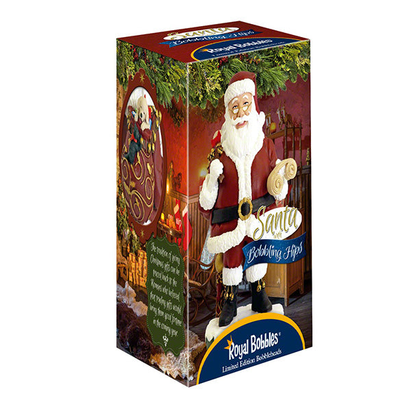 Santa Claus Bobblehips holiday bobblehead standing on a shelf, showcasing vibrant colors and intricate details, perfect for festive decoration.