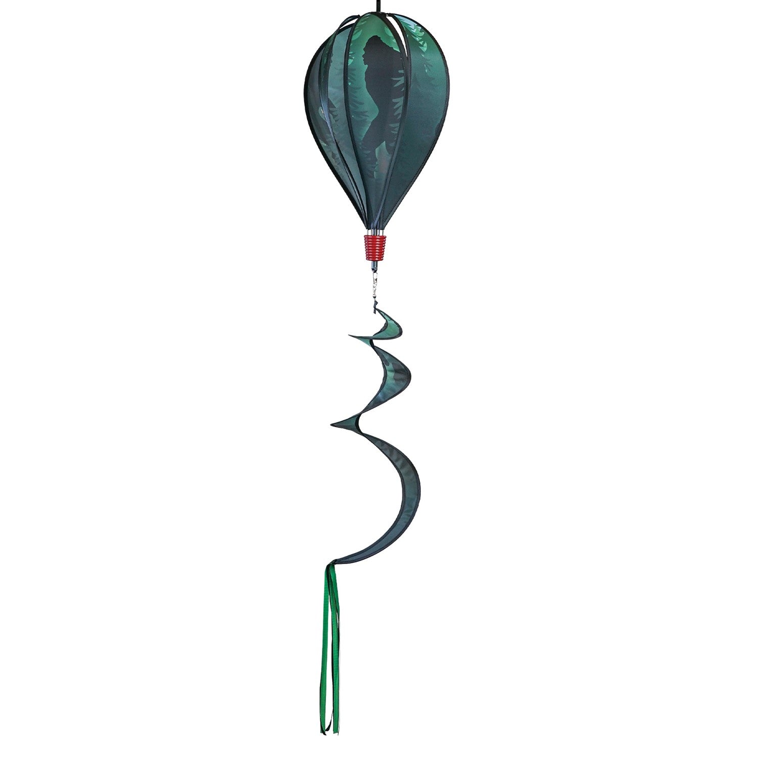Sasquatch 6-Panel Hot Air Balloon spinner featuring colorful panels and streamers, elegantly displayed in an outdoor garden setting.
