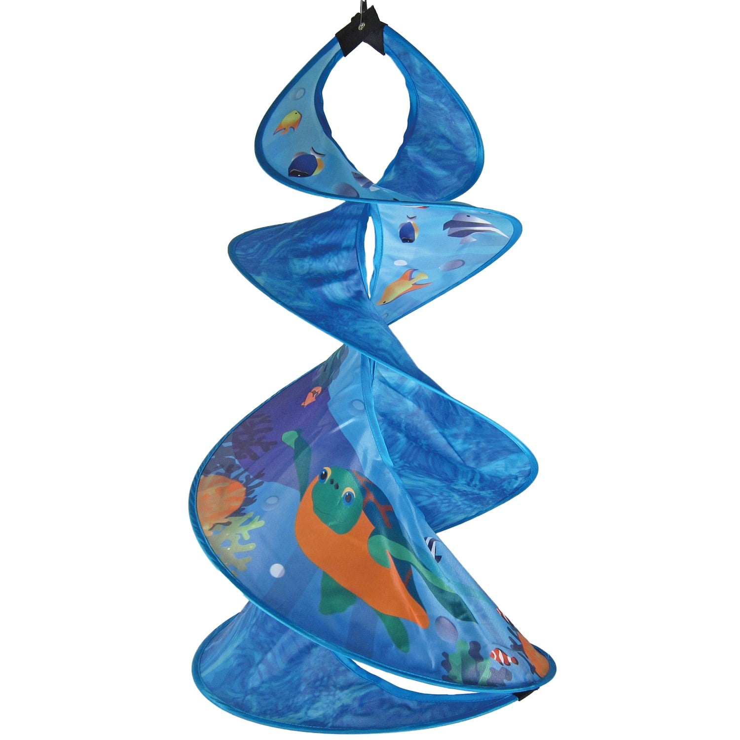 Sea Swimmers Spin Duet hanging garden decor featuring vibrant sea turtles spinning against a backdrop of ocean waves in an outdoor setting.