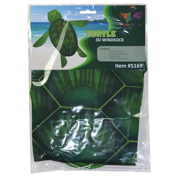 3D Sea Turtle Windsock flutters in the breeze with vibrant green colors, designed to mimic the appearance of a real turtle, perfect for outdoor decor.