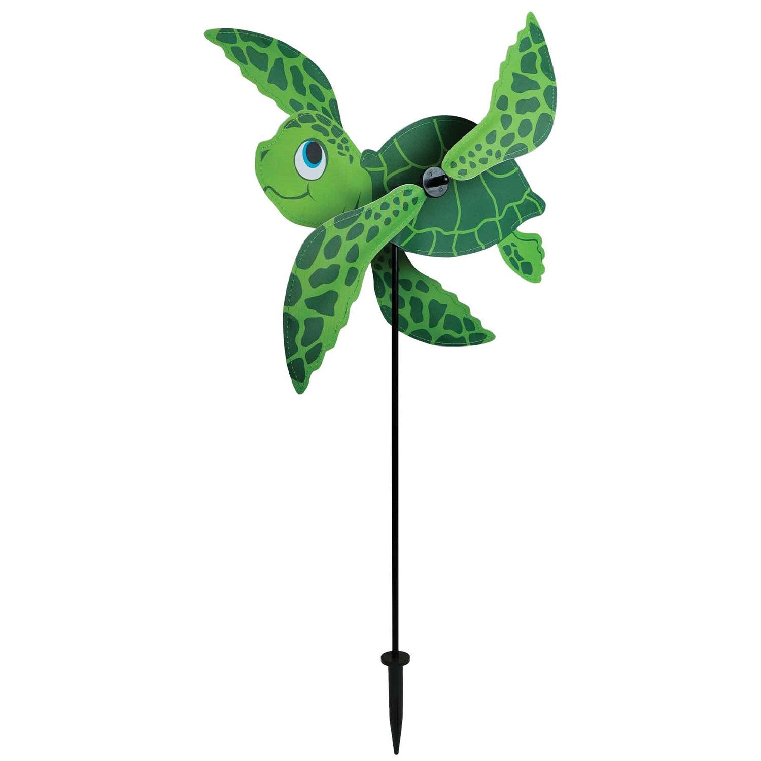 Sea Turtle Baby Whirligig in colorful design, featuring counter-rotating fins, displayed in a sunny garden setting, enhancing the outdoor atmosphere.