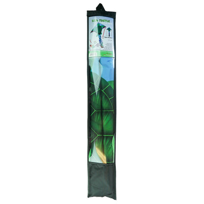 Sea Turtle 45' Fly-Hi Kite soaring in the sky, featuring a vibrant sea turtle design with colorful streamer tails attached.