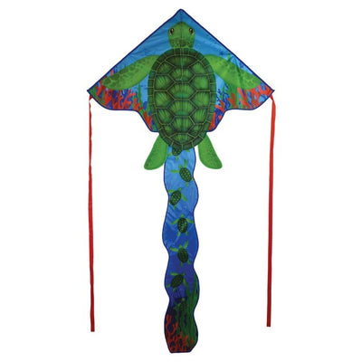 Sea Turtle 45' Fly-Hi Kite soaring in the sky, featuring a vibrant sea turtle design with colorful streamer tails attached.