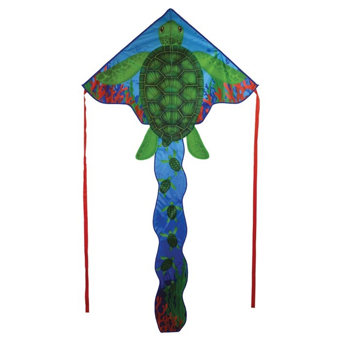 Sea Turtle 45' Fly-Hi Kite soaring in the sky, featuring a vibrant sea turtle design with colorful streamer tails attached.