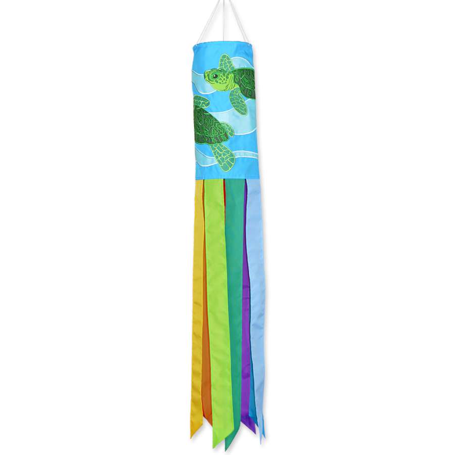 Vibrant Sea Turtles windsock hanging outdoors, showcasing colorful turtles in motion against a clear sky.