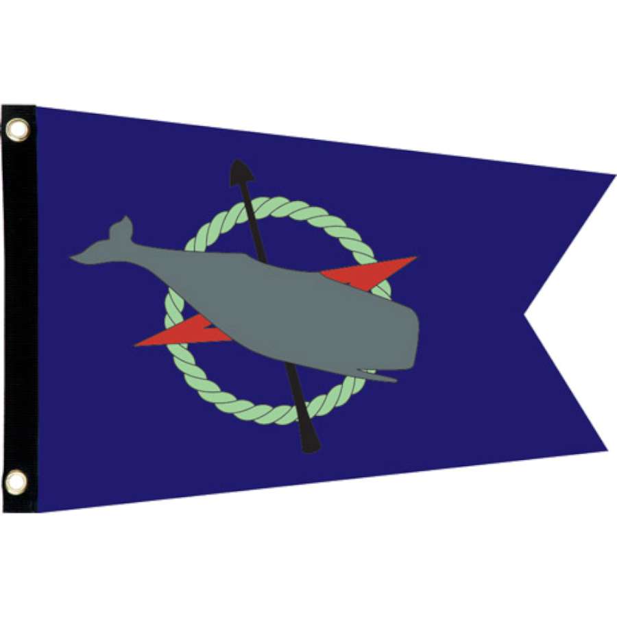 Seafarer Flag - Nantucket 5C with vibrant nautical design, displayed on a flagpole against a blue summer sky in an outdoor garden setting.