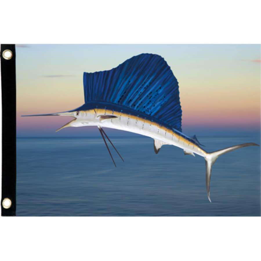 Seafarer Flag with a sailfish design displayed outdoors on a flagpole, showcasing vibrant summer colors.