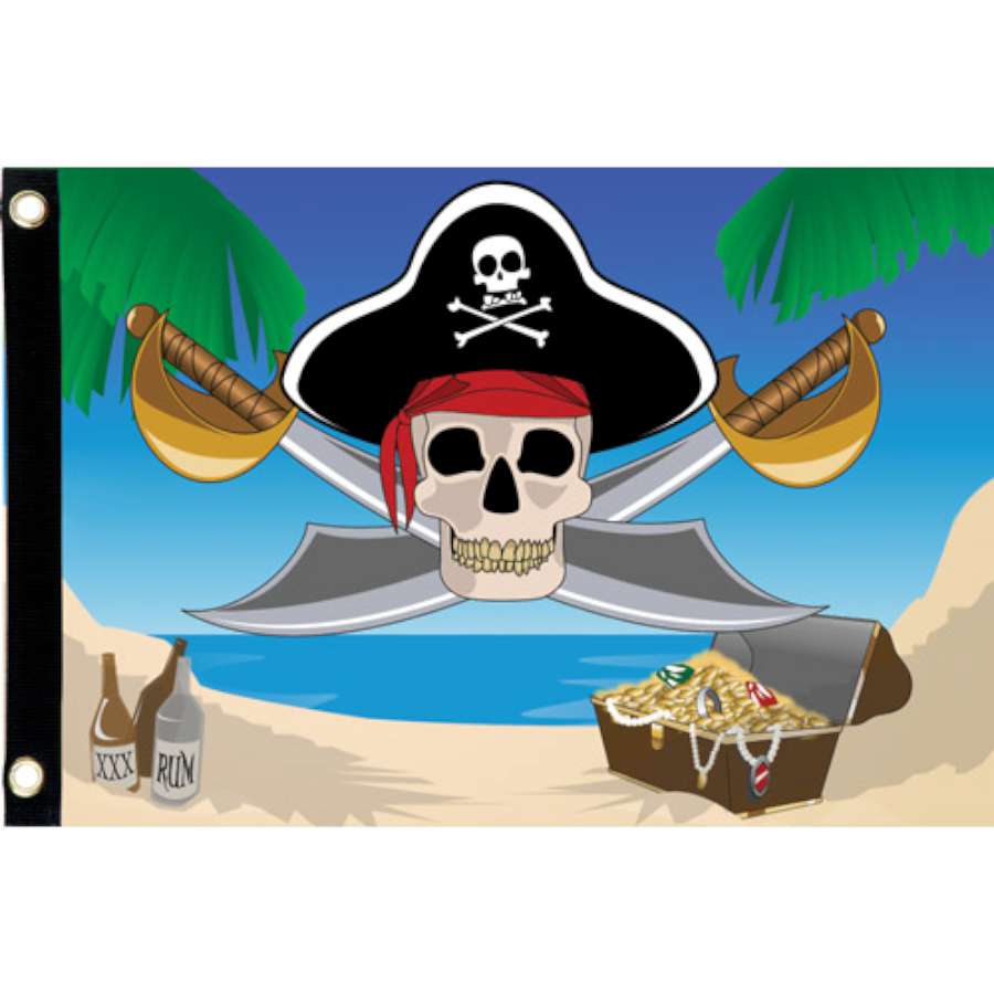 Seafarer Flag - Treasure Hunt, a vibrant 3x5 ft outdoor flag depicting treasure maps and nautical symbols, displayed at a beach house.