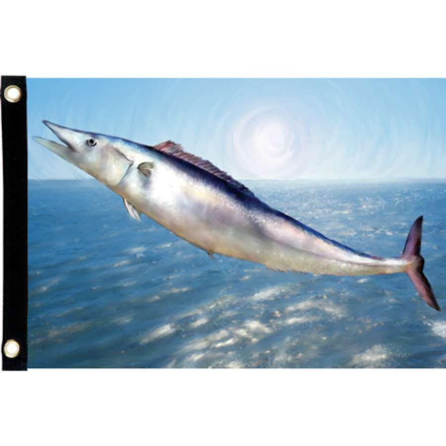 Vibrant Seafarer Flag - Wahoo displaying a detailed Wahoo fish design on a blue background, flying proudly from a flagpole in a sunny outdoor setting.