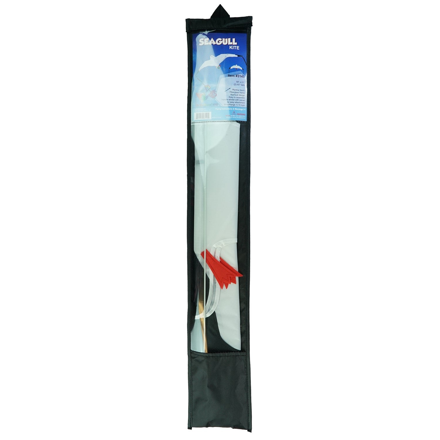 Seagull Kite with detailed design and black streamer tails soaring against a blue sky during outdoor activity, perfect for family fun.