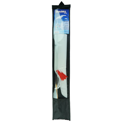 Seagull Kite with detailed design and black streamer tails soaring against a blue sky during outdoor activity, perfect for family fun.