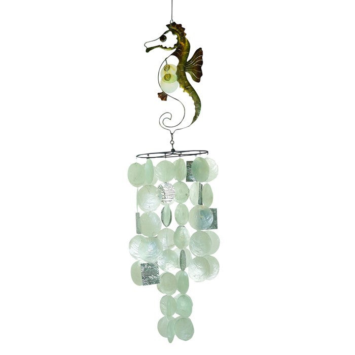 Seahorse Capiz Breeze Wind Chime featuring vibrant Capiz shells shaped like seahorses, hanging elegantly in a garden setting.