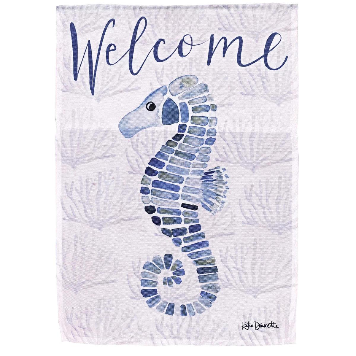 Seahorse Welcome Garden Flag showcasing a vibrant marine design in shades of blue and yellow, displayed outdoors to greet visitors warmly.