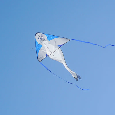 Seal 46 inch Fly-Hi Kite featuring a colorful sea life design soaring in the blue sky with streamer tails fluttering behind.