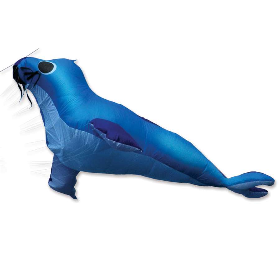 Seal Kite - Blue, a vibrant and playful kite measuring 19.5 ft, flying beautifully against a clear sky, suitable for family outdoor activities.