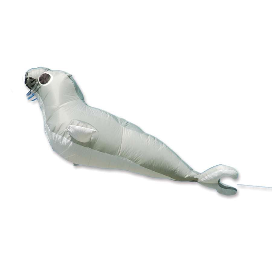 Grey Seal Kite 19.5 ft designed by Bernhard Dingwert soaring elegantly against a clear blue sky, showcasing its playful seal design.