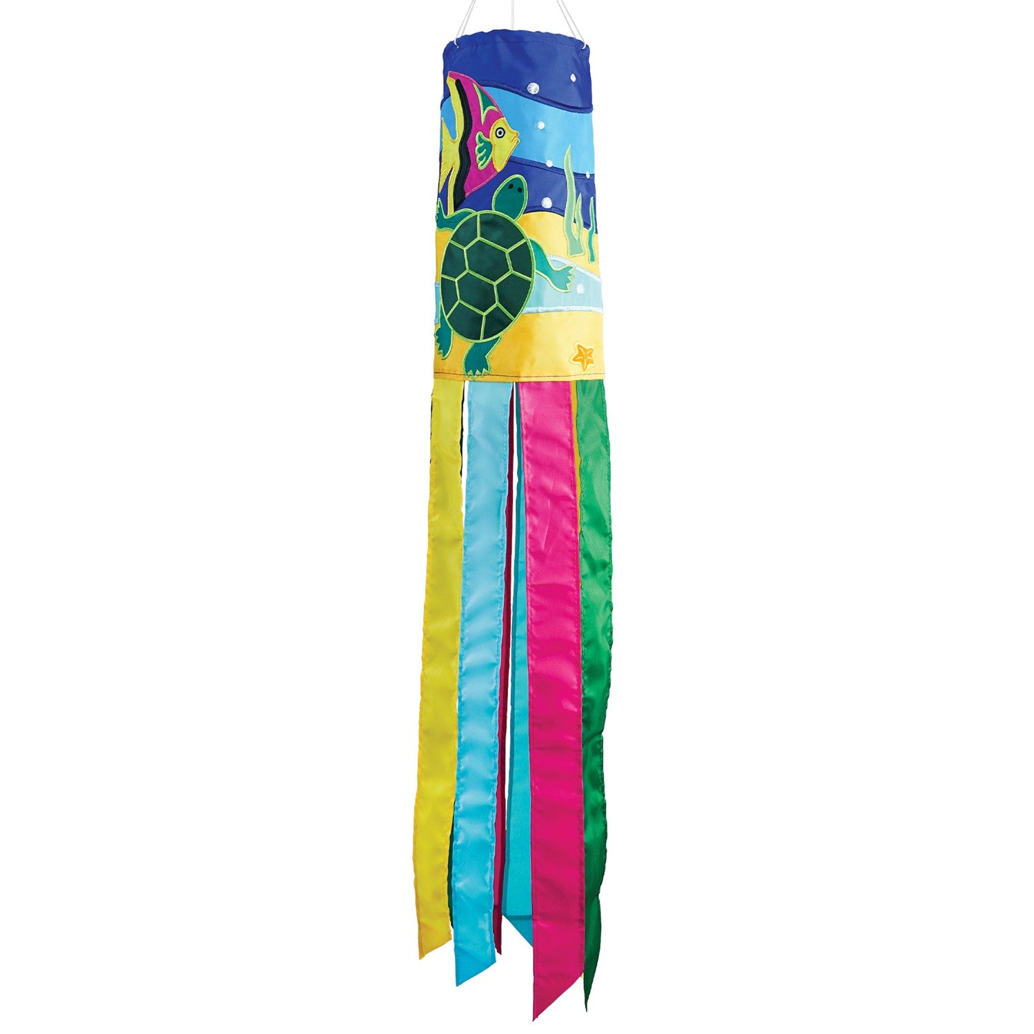Sealife Turtle 40-inch windsock with bright colors and appliqued graphics, featuring a turtle design and fluttering tails displayed in an outdoor setting.
