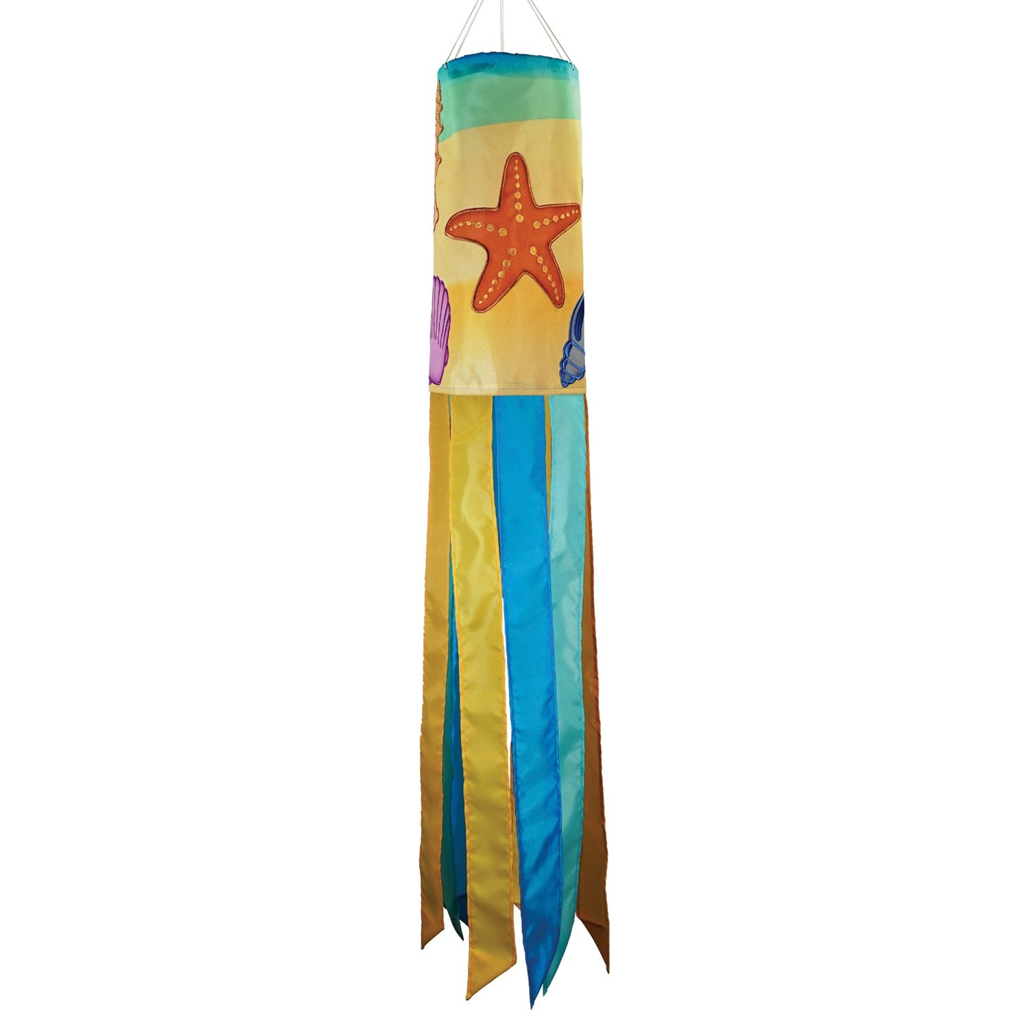 Seashell 40-inch windsock featuring colorful applique designs and tails fluttering outdoors, adding a coastal charm to any garden space.
