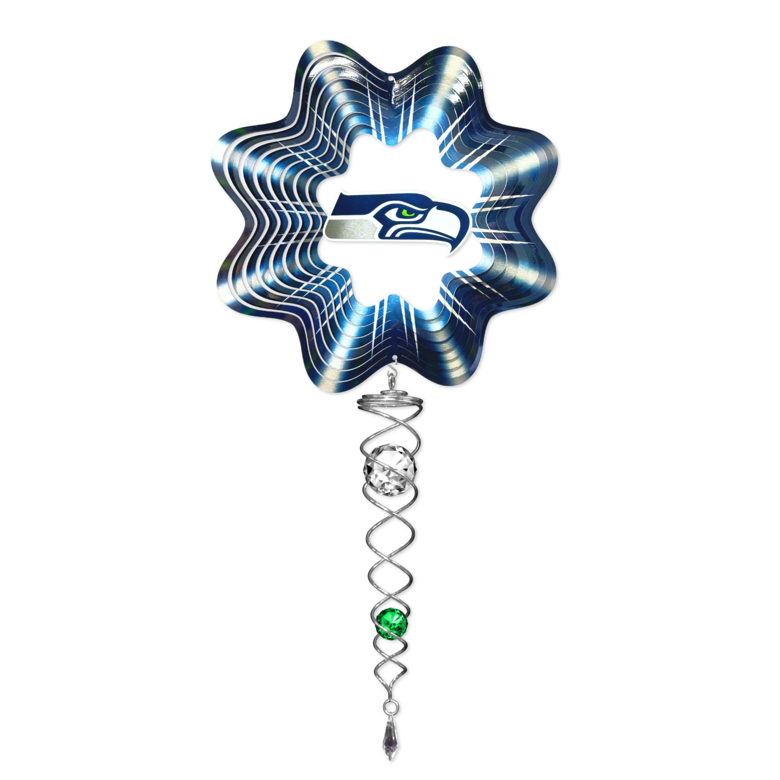 Seattle Seahawks NFL Mini Set featuring wind spinner and crystal twister, perfect for outdoor and indoor team spirit decoration, displayed in bright colors.
