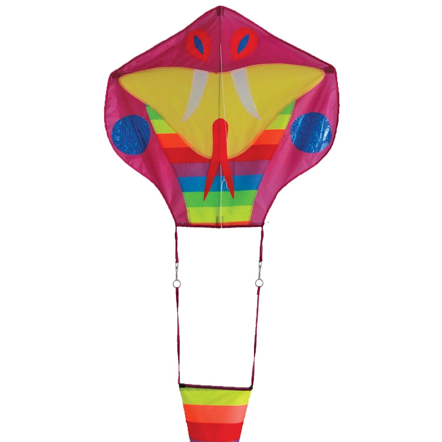 Vibrant Serpent Kite soaring high with a 38-foot rainbow tail against a clear blue sky during an outdoor event.