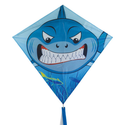 Shark 30" Diamond Kite with vibrant great white shark design flying high against a clear blue sky, showcasing its color-coordinated tails.