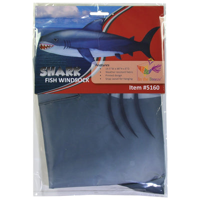 Shark 48" Fish Windsock featuring a realistic great white shark design, elegantly displayed in a backyard setting near the water.