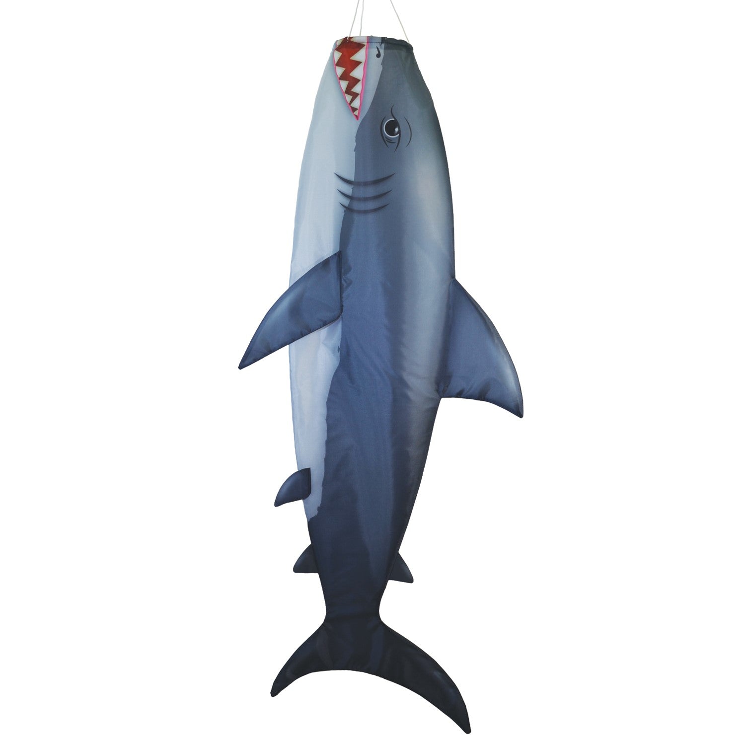 Shark 48" Fish Windsock featuring a realistic great white shark design, elegantly displayed in a backyard setting near the water.
