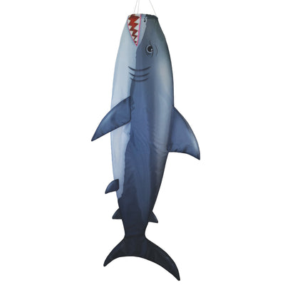 Shark 48" Fish Windsock featuring a realistic great white shark design, elegantly displayed in a backyard setting near the water.
