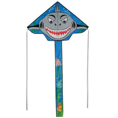 Shark Attack 45' Fly-Hi Kite featuring a Great White shark design soaring against a clear blue sky during a family outing in a park.