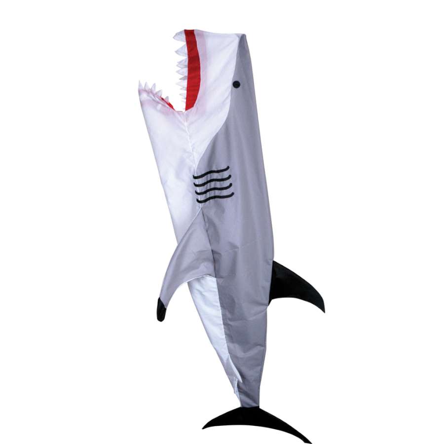 Colorful 40-inch Shark Windsock in vibrant colors, dancing in the breeze, showcasing a three-dimensional shark design in an outdoor setting.
