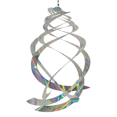 Sheen Crystal Spinner made of holographic Mylar, featuring five spinning blades reflecting rainbow colors, hanging in a garden with sunlight.