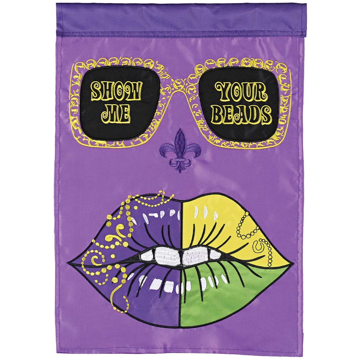 Show Me Your Beads Garden Flag in vibrant colors, featuring intricate applique and embroidery, displayed in a lush garden setting.